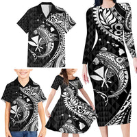 Aloha Hawaii Hammerhead Shark Family Matching Long Sleeve Bodycon Dress and Hawaiian Shirt Black Kakau and Polynesian Tattoo LT03 - Polynesian Pride