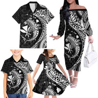 Aloha Hawaii Hammerhead Shark Family Matching Off The Shoulder Long Sleeve Dress and Hawaiian Shirt Black Kakau and Polynesian Tattoo LT03 - Polynesian Pride