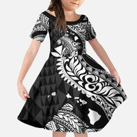 Aloha Hawaii Hammerhead Shark Family Matching Off Shoulder Maxi Dress and Hawaiian Shirt Black Kakau and Polynesian Tattoo LT03 Daughter's Dress Black - Polynesian Pride
