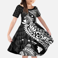 Aloha Hawaii Hammerhead Shark Family Matching Short Sleeve Bodycon Dress and Hawaiian Shirt Black Kakau and Polynesian Tattoo LT03 Daughter's Dress Black - Polynesian Pride