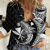 Aloha Hawaii Hammerhead Shark Women Casual Shirt Black Kakau and Polynesian Tattoo LT03 Female Black - Polynesian Pride
