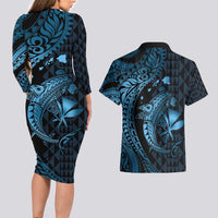 Aloha Hawaii Hammerhead Shark Couples Matching Long Sleeve Bodycon Dress and Hawaiian Shirt Blue Kakau and Polynesian Tattoo LT03 - Polynesian Pride
