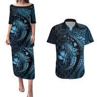 Aloha Hawaii Hammerhead Shark Couples Matching Puletasi and Hawaiian Shirt Blue Kakau and Polynesian Tattoo LT03 Blue - Polynesian Pride