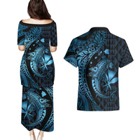 Aloha Hawaii Hammerhead Shark Couples Matching Puletasi and Hawaiian Shirt Blue Kakau and Polynesian Tattoo LT03 - Polynesian Pride
