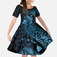 Aloha Hawaii Hammerhead Shark Family Matching Short Sleeve Bodycon Dress and Hawaiian Shirt Blue Kakau and Polynesian Tattoo LT03 Daughter's Dress Blue - Polynesian Pride