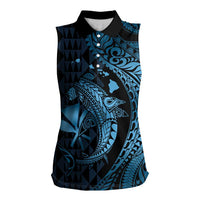 Aloha Hawaii Hammerhead Shark Women Sleeveless Polo Shirt Blue Kakau and Polynesian Tattoo LT03 Female Blue - Polynesian Pride