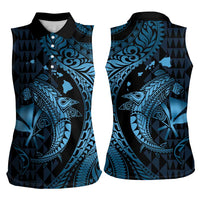 Aloha Hawaii Hammerhead Shark Women Sleeveless Polo Shirt Blue Kakau and Polynesian Tattoo LT03 - Polynesian Pride