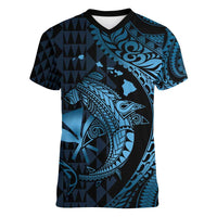 Aloha Hawaii Hammerhead Shark Women V-Neck T-Shirt Blue Kakau and Polynesian Tattoo LT03 Female Blue - Polynesian Pride