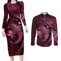 Aloha Hawaii Hammerhead Shark Couples Matching Long Sleeve Bodycon Dress and Long Sleeve Button Shirt Pink Kakau and Polynesian Tattoo LT03 Pink - Polynesian Pride