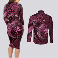 Aloha Hawaii Hammerhead Shark Couples Matching Long Sleeve Bodycon Dress and Long Sleeve Button Shirt Pink Kakau and Polynesian Tattoo LT03 - Polynesian Pride