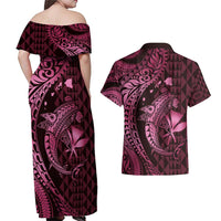 Aloha Hawaii Hammerhead Shark Couples Matching Off Shoulder Maxi Dress and Hawaiian Shirt Pink Kakau and Polynesian Tattoo LT03 - Polynesian Pride