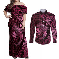 Aloha Hawaii Hammerhead Shark Couples Matching Off Shoulder Maxi Dress and Long Sleeve Button Shirt Pink Kakau and Polynesian Tattoo LT03 Pink - Polynesian Pride