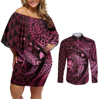 Aloha Hawaii Hammerhead Shark Couples Matching Off Shoulder Short Dress and Long Sleeve Button Shirt Pink Kakau and Polynesian Tattoo LT03 Pink - Polynesian Pride