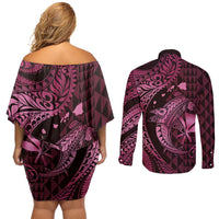 Aloha Hawaii Hammerhead Shark Couples Matching Off Shoulder Short Dress and Long Sleeve Button Shirt Pink Kakau and Polynesian Tattoo LT03 - Polynesian Pride