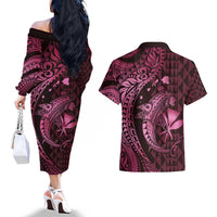 Aloha Hawaii Hammerhead Shark Couples Matching Off The Shoulder Long Sleeve Dress and Hawaiian Shirt Pink Kakau and Polynesian Tattoo LT03 - Polynesian Pride