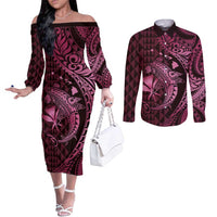 Aloha Hawaii Hammerhead Shark Couples Matching Off The Shoulder Long Sleeve Dress and Long Sleeve Button Shirt Pink Kakau and Polynesian Tattoo LT03 Pink - Polynesian Pride