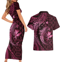 Aloha Hawaii Hammerhead Shark Couples Matching Short Sleeve Bodycon Dress and Hawaiian Shirt Pink Kakau and Polynesian Tattoo LT03 - Polynesian Pride