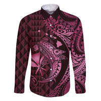Aloha Hawaii Hammerhead Shark Family Matching Long Sleeve Bodycon Dress and Hawaiian Shirt Pink Kakau and Polynesian Tattoo LT03 Dad's Shirt - Long Sleeve Pink - Polynesian Pride