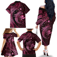 Aloha Hawaii Hammerhead Shark Family Matching Off The Shoulder Long Sleeve Dress and Hawaiian Shirt Pink Kakau and Polynesian Tattoo LT03 - Polynesian Pride