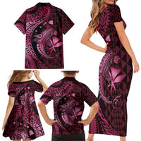 Aloha Hawaii Hammerhead Shark Family Matching Short Sleeve Bodycon Dress and Hawaiian Shirt Pink Kakau and Polynesian Tattoo LT03 - Polynesian Pride