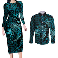 Aloha Hawaii Hammerhead Shark Couples Matching Long Sleeve Bodycon Dress and Long Sleeve Button Shirt Turquoise Kakau and Polynesian Tattoo LT03 Turquoise - Polynesian Pride