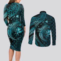 Aloha Hawaii Hammerhead Shark Couples Matching Long Sleeve Bodycon Dress and Long Sleeve Button Shirt Turquoise Kakau and Polynesian Tattoo LT03 - Polynesian Pride