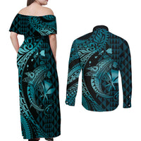 Aloha Hawaii Hammerhead Shark Couples Matching Off Shoulder Maxi Dress and Long Sleeve Button Shirt Turquoise Kakau and Polynesian Tattoo LT03 - Polynesian Pride