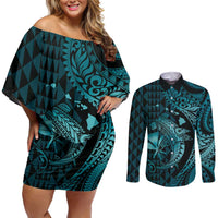 Aloha Hawaii Hammerhead Shark Couples Matching Off Shoulder Short Dress and Long Sleeve Button Shirt Turquoise Kakau and Polynesian Tattoo LT03 Turquoise - Polynesian Pride