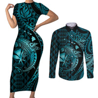 Aloha Hawaii Hammerhead Shark Couples Matching Short Sleeve Bodycon Dress and Long Sleeve Button Shirt Turquoise Kakau and Polynesian Tattoo LT03 Turquoise - Polynesian Pride