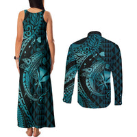 Aloha Hawaii Hammerhead Shark Couples Matching Tank Maxi Dress and Long Sleeve Button Shirt Turquoise Kakau and Polynesian Tattoo LT03 - Polynesian Pride