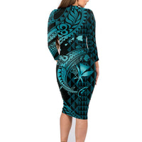Aloha Hawaii Hammerhead Shark Family Matching Long Sleeve Bodycon Dress and Hawaiian Shirt Turquoise Kakau and Polynesian Tattoo LT03 - Polynesian Pride