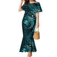 Aloha Hawaii Hammerhead Shark Family Matching Mermaid Dress and Hawaiian Shirt Turquoise Kakau and Polynesian Tattoo LT03 Mom's Dress Turquoise - Polynesian Pride