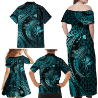 Aloha Hawaii Hammerhead Shark Family Matching Off Shoulder Maxi Dress and Hawaiian Shirt Turquoise Kakau and Polynesian Tattoo LT03 - Polynesian Pride