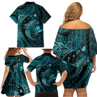 Aloha Hawaii Hammerhead Shark Family Matching Off Shoulder Short Dress and Hawaiian Shirt Turquoise Kakau and Polynesian Tattoo LT03 - Polynesian Pride