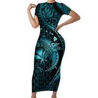 Aloha Hawaii Hammerhead Shark Short Sleeve Bodycon Dress Turquoise Kakau and Polynesian Tattoo LT03 Long Dress Turquoise - Polynesian Pride