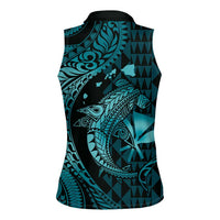 Aloha Hawaii Hammerhead Shark Women Sleeveless Polo Shirt Turquoise Kakau and Polynesian Tattoo LT03 - Polynesian Pride