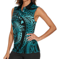 Aloha Hawaii Hammerhead Shark Women Sleeveless Polo Shirt Turquoise Kakau and Polynesian Tattoo LT03 - Polynesian Pride