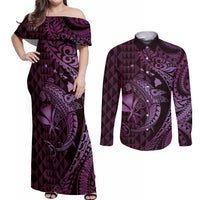 Aloha Hawaii Hammerhead Shark Couples Matching Off Shoulder Maxi Dress and Long Sleeve Button Shirt Purple Kakau and Polynesian Tattoo LT03 Purple - Polynesian Pride
