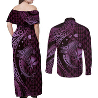 Aloha Hawaii Hammerhead Shark Couples Matching Off Shoulder Maxi Dress and Long Sleeve Button Shirt Purple Kakau and Polynesian Tattoo LT03 - Polynesian Pride