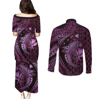 Aloha Hawaii Hammerhead Shark Couples Matching Puletasi and Long Sleeve Button Shirt Purple Kakau and Polynesian Tattoo LT03 - Polynesian Pride