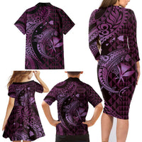 Aloha Hawaii Hammerhead Shark Family Matching Long Sleeve Bodycon Dress and Hawaiian Shirt Purple Kakau and Polynesian Tattoo LT03 - Polynesian Pride