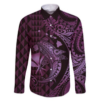 Aloha Hawaii Hammerhead Shark Family Matching Off The Shoulder Long Sleeve Dress and Hawaiian Shirt Purple Kakau and Polynesian Tattoo LT03 Dad's Shirt - Long Sleeve Purple - Polynesian Pride