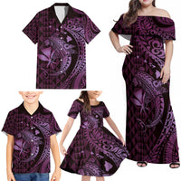 Aloha Hawaii Hammerhead Shark Family Matching Off Shoulder Maxi Dress and Hawaiian Shirt Purple Kakau and Polynesian Tattoo LT03 - Polynesian Pride