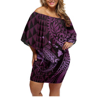 Aloha Hawaii Hammerhead Shark Family Matching Off Shoulder Short Dress and Hawaiian Shirt Purple Kakau and Polynesian Tattoo LT03 Mom's Dress Purple - Polynesian Pride