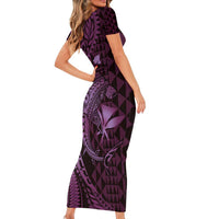 Aloha Hawaii Hammerhead Shark Short Sleeve Bodycon Dress Purple Kakau and Polynesian Tattoo LT03 - Polynesian Pride