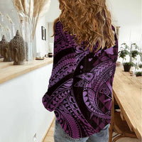 Aloha Hawaii Hammerhead Shark Women Casual Shirt Purple Kakau and Polynesian Tattoo LT03 - Polynesian Pride