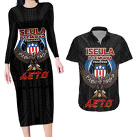 American Samoa Fautasi Couples Matching Long Sleeve Bodycon Dress and Hawaiian Shirt Pago Pago Aeto and Iseula o le Moana of Fagatogo Black Color LT03 Black - Polynesian Pride