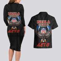 American Samoa Fautasi Couples Matching Long Sleeve Bodycon Dress and Hawaiian Shirt Pago Pago Aeto and Iseula o le Moana of Fagatogo Black Color LT03 - Polynesian Pride