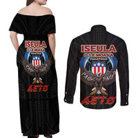 American Samoa Fautasi Couples Matching Off Shoulder Maxi Dress and Long Sleeve Button Shirt Pago Pago Aeto and Iseula o le Moana of Fagatogo Black Color LT03 - Polynesian Pride