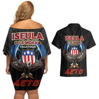 American Samoa Fautasi Couples Matching Off Shoulder Short Dress and Hawaiian Shirt Pago Pago Aeto and Iseula o le Moana of Fagatogo Black Color LT03 - Polynesian Pride
